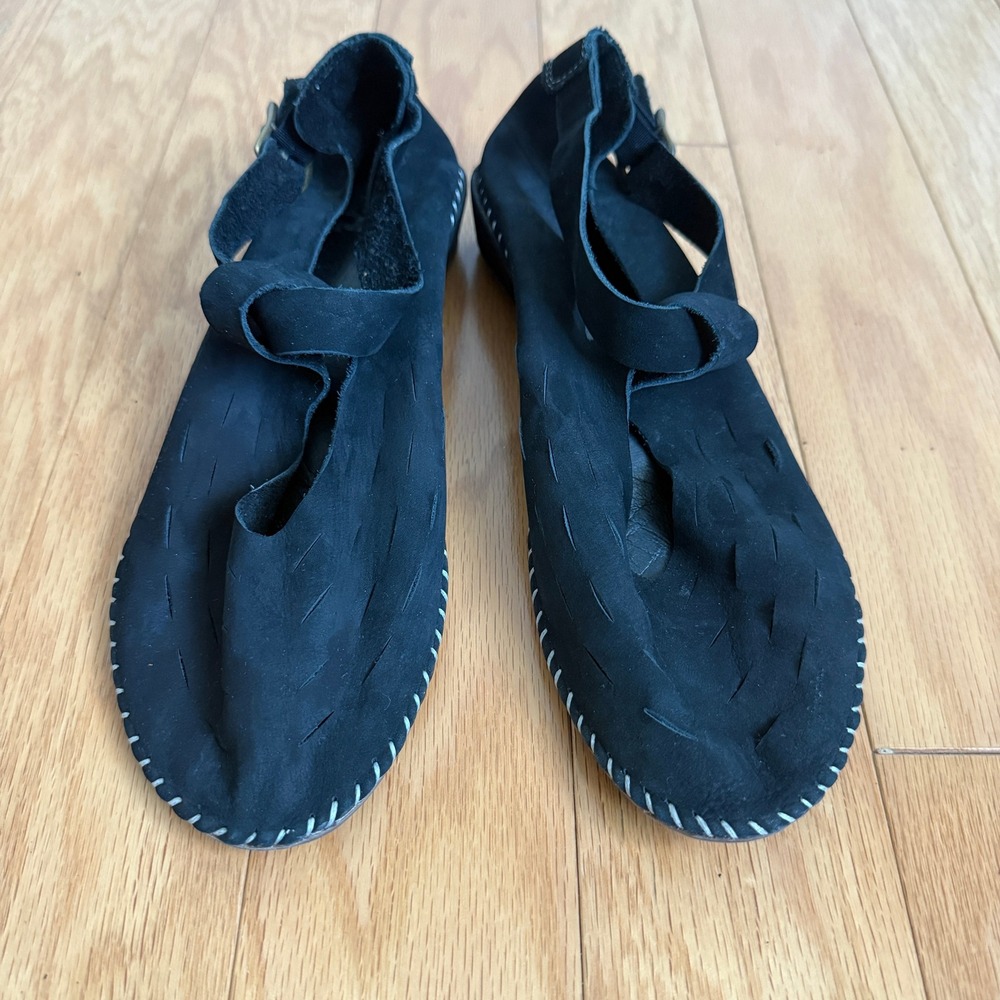 Black Suede Leather‎ Mary Jane Flats Adjustable Buckle Strap Stitch Detail